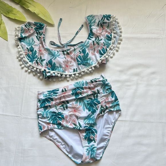 ⭐️tassel Halter Palm Print Off Shoulder Flounced Ruched High Waist Bikini Set⭐️ - Picture 7 of 12